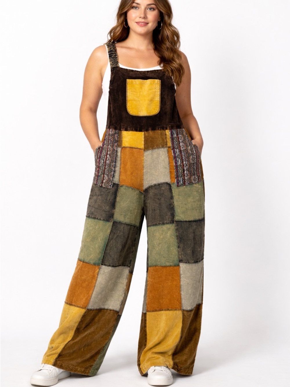 Boho Patchwork Wide Leg Romper Jumpsuit Corduroy Festival Cottagecore Overalls
